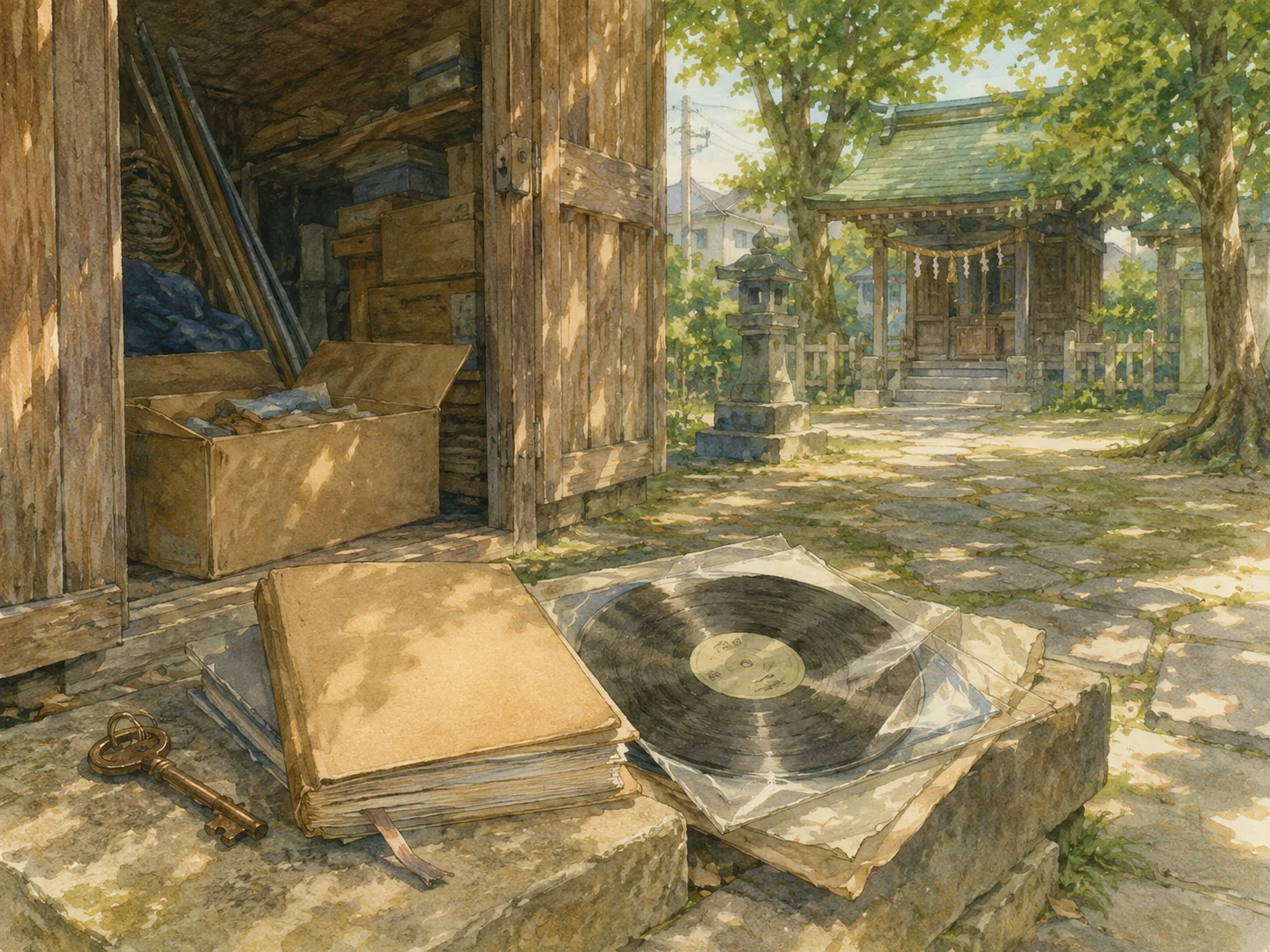 小さな神社の木の小屋で、古い覚書ノートとレコード、錆びた鍵が見つかる場面