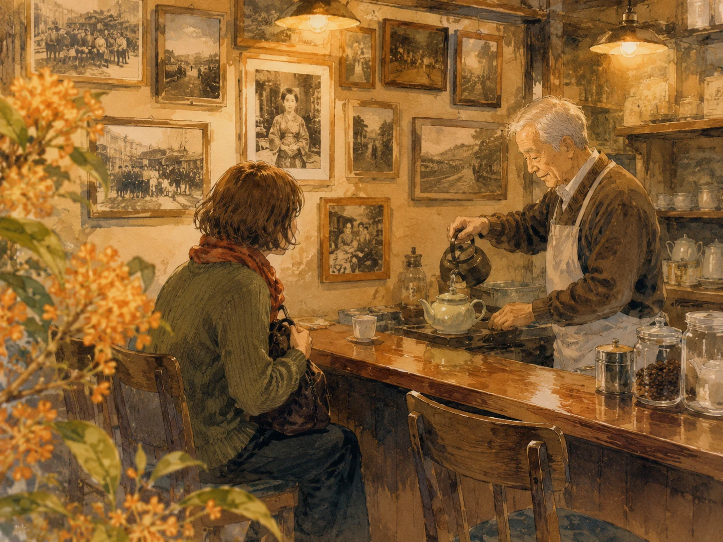 古い喫茶店のカウンターで、みつきが壁の写真を見つめ、老店主が静かにお茶を淹れようとしている場面