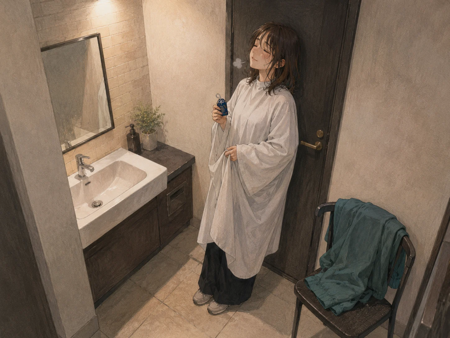 美容室のトイレで、ミコが扉にもたれてお守りを握り、小さく息を吐いている
